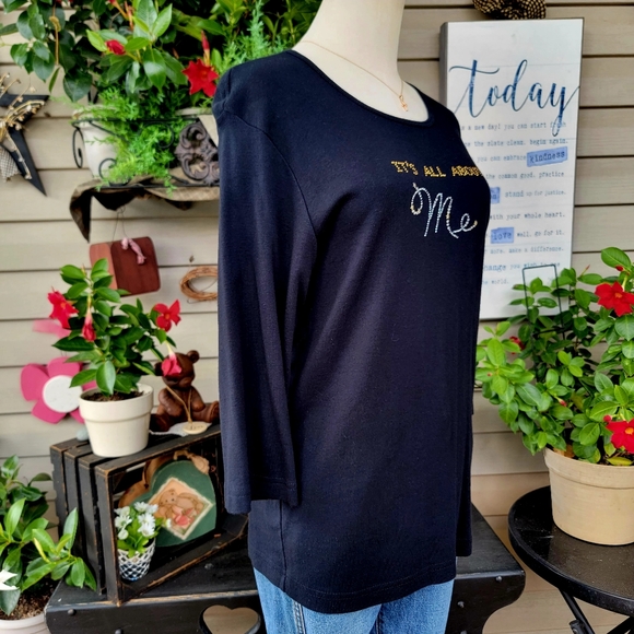 CACTUS BAY ♡ Black w/Silver 'n Gold Embellished Bling "IT'S ALL ABOUT Me" Top L - Picture 9 of 11